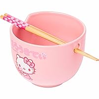 Sanrio Strawberry Milk Japanese Character Ceramic Ramen Rice Bowl with Chopsticks, 20 Ounces, Pink