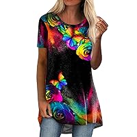 Pandaie Shirts for Women Casual Summer Tops for Longshirts Short Sleeve V Neck Blouse Graphic Printed Basic Tee Shirts Tunic