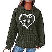 Dog Paw Graphic Print Waffle Hoodies for Women Spring Long Sleeve Pullover Love Heart Tops Dog Mom Sweatshirts