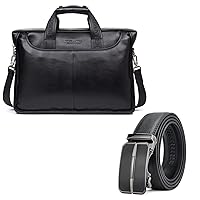 BOSTANTEN Leather Briefcase Handbag Messenger Business Bags for Men and Men's Leather Ratchet Dress Belt with Automatic Sliding Buckle