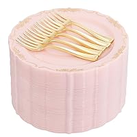LIYH 100pcs Pink Gold Dessert Plates, 100pcs Gold Plastic Forks,Cake Plates Disposable,Gold Cake Forks,Appetizer Plates,Bridal Shower Party Plates for Birthday Wedding Party