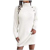 Turtleneck Button Trim Sweater Dress for Women Fall Long Sleeve Tunic Pullover Mini Dress Casual Chunky Knit Jumpers