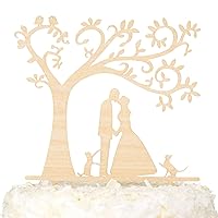 Wooden Wedding Family Cake Topper Couple with 2 Cats, Gift Boxed
