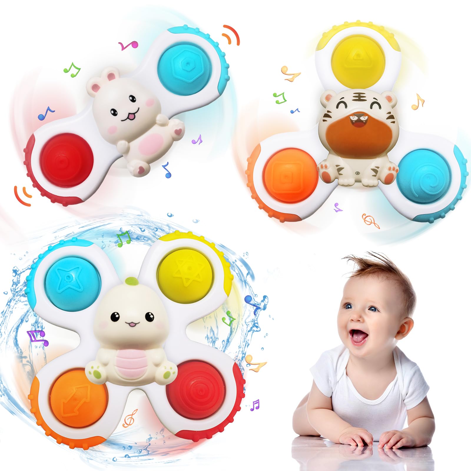 3PCS Suction Cup Spinner Toy for Baby, Bath Toys for Toddlers 1-3, Baby Spinners with Suction Cups, Window Travel Suction Cup Toys, Baby Toys for 1 Year Old, Sensory Bath Toys Gifts for Boys Girls