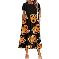 IN'VOLAND Women Plus Size Short Sleeve Dress Loose Plain Casual Summer Flowy Tiered Long Maxi Dresses with Pockets