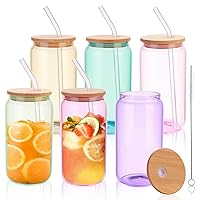 6 Pcs colored Drinking Glasses with Bamboo Lids and Glass Straw - 16 Oz Can Shaped Glass Cups Beer Glasses Ice Coffee Glassware Sublimation Blanks Tumbler for Water Soda Boba Tea Cocktail Glass Set