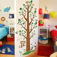 Cartoon Cute Animals Monkey Lion Giraffe Big Tree Height Sticker, Growth Height Chart Measuring Removable Wall Decal, Children Kids Baby Home Room Nursery DIY Decorative Art Wall Mural