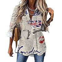 UK Old London Newspaper Print Women's Button Down Shirt Casual Long Sleeve Shirts Loose Fit Blouse Tops