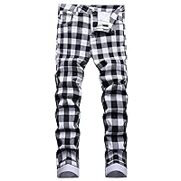 Men's Black and White Plaid Print Jeans