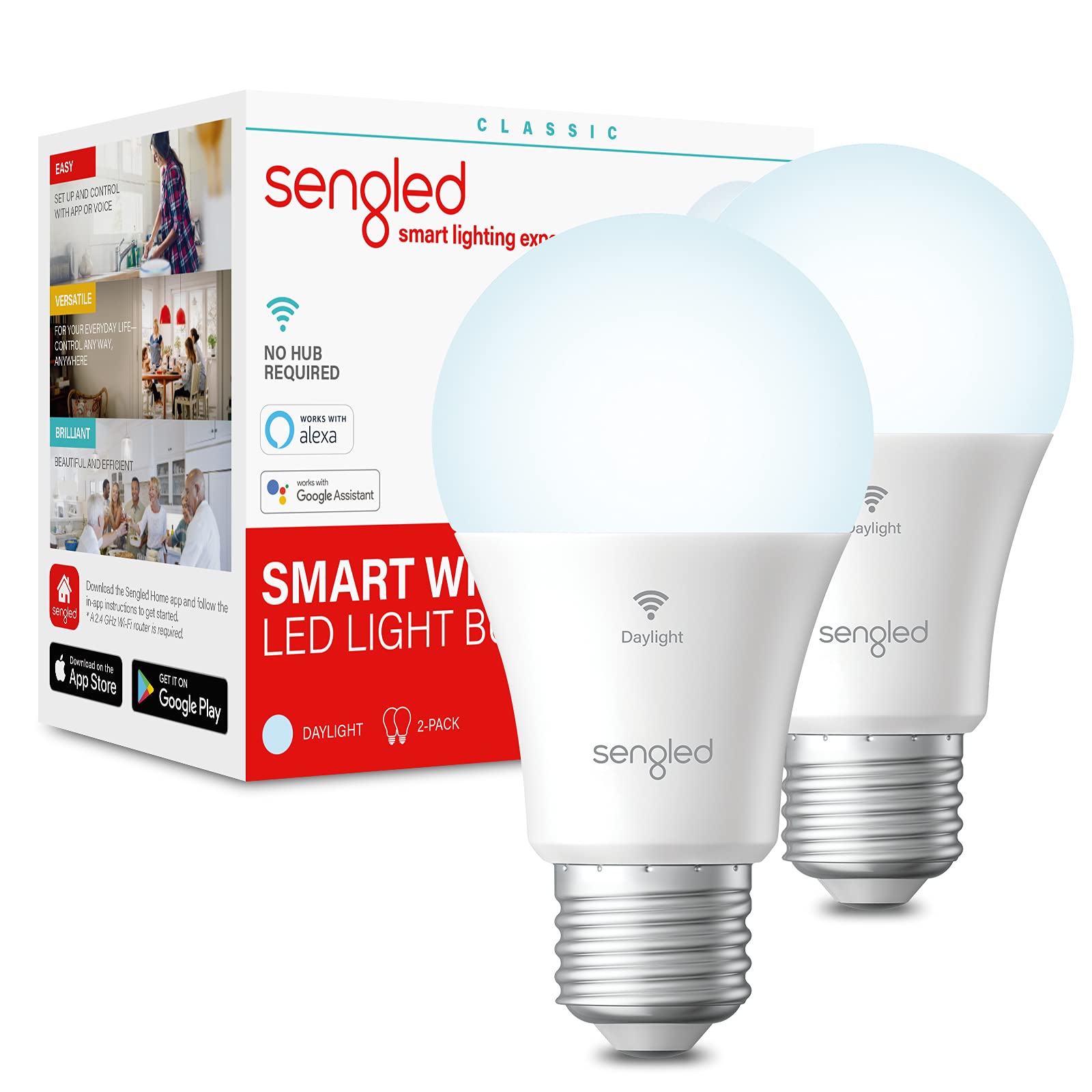 Sengled Smart Light Bulbs, WiFi Light Bulbs, Alexa Light Bulb, Smart Bulbs that Work with Alexa & Google Assistant, A19 Daylight (5000K) No Hub Required, 800LM 60W Equivalent High CRI90, 2 Pack