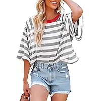 Blue White Striped Shirt Women Oversized Tshirts for Women 2024 Striped Pattern Trendy Fashion Y2k Cool with Short Sleeve Round Neck Blouses Gray XX-Large