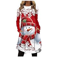 Women's Holiday Party Dresses Fashion Casual Print Round Neck Pullover Loose Long Sleeve Dress, S-3XL