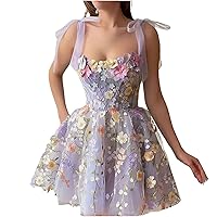 Summer Floral Tie Strap Tulle Prom Dresses for Women 2024 Fairy Embroidery Lace Applique Party Mini Princess Dress