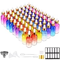 Eye Dropper Bottle 2 oz (63 Pack Rainbow Glass Bottles 60ml with Golden Caps, 2 Extra Eye Droppers, 120 Labels, 10 Funnel & Measured Pipettes)