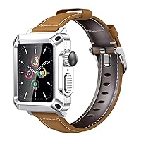 Leather Strap+Metal Case for Apple Watch Band 44mm 40mm Outdoor Sports 2 in 1 Drop-Proof Glass Metal Case for iWatch 3 42mm 38mm (Color : Silver Brown, Size : 42MM)