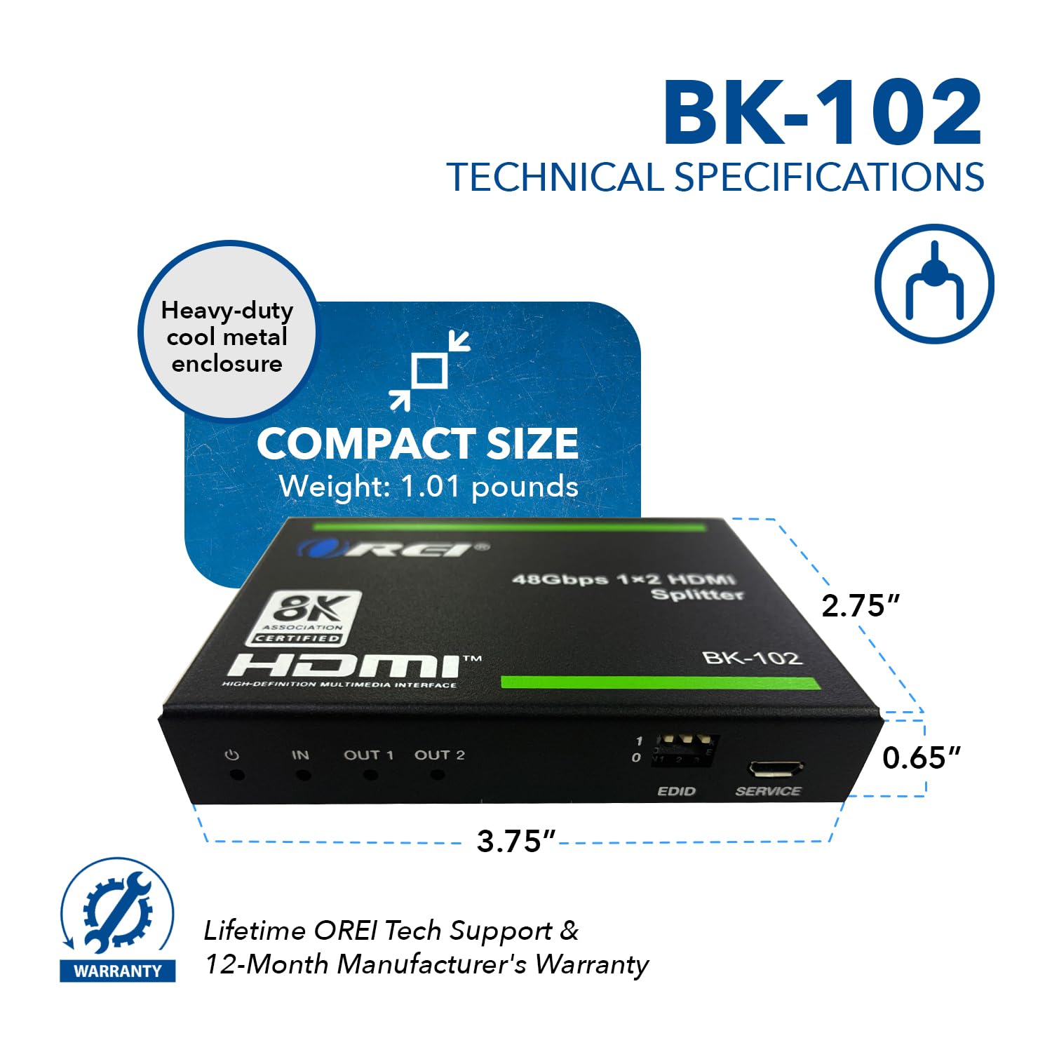 OREI 8K HDMI Splitter 1 X 2, Duplicate/Mirror Any HDMI Signal UltraHD Supports Upto 4K @ 120Hz EDID HDCP 2.3 - (BK-102)