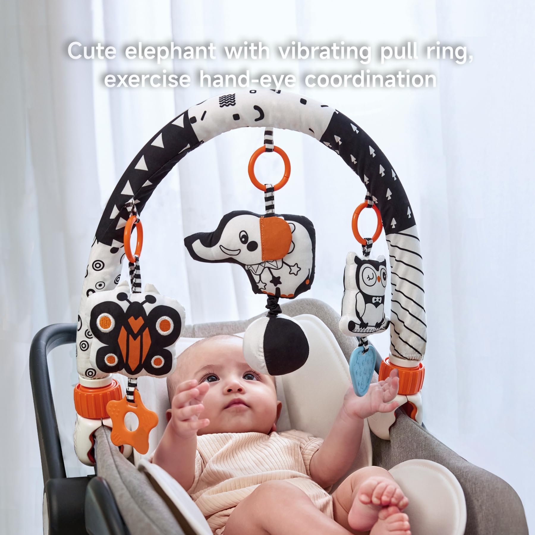 TUMAMA Car Seat Toys for Babies 0-6 Months, Stroller Toys for Infant 0-6 Months, Newborn Sensory Hanging Rattle Arch Toy with Butterfly Elephant Owls,Musical Toy for Baby 6-12 Months