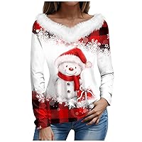 Christmas Shirts for Women Long Sleeve Tops Fleece Collar Casual V Neck Tee Blouses Plus Size Comfy Daily Outfits