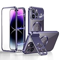 Case for iPhone 14 Pro Max with Camera Invisible Stand [Compatible with MagSafe] 360 Degree Protection Magnetic Absorption Metal Bumper Front Glass and Back PC Cover (Deep Purple)