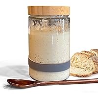 Sourdough Starter Jar (32oz)- Sourdough Jar Kit Wide Mouth with Wooden Spoon & Silicone Measuring Band- Thick, Durable Glass w/Bamboo Lid - Sourdough Fermentation Jar - 6.5” x 4
