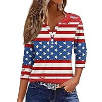 4th of July Tops for Women V-Neck Button Solid Color Round Dot Loose 3/4 Sleeve T-Shirt for Women