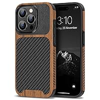 TENDLIN Compatible with iPhone 15 Pro Max Case Wood Grain with Carbon Fiber Texture Design Leather Hybrid Slim Case (Black)