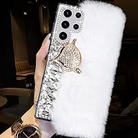Losin Compatible with Galaxy S23 Ultra Plush Furry Phone Case Luxury Bling Glitter Diamond Rhinestones Cute 3D Fox Head Winter Rabbit Hair Warm Fur Soft TPU Bumper Cover for Women Girls Girly, White