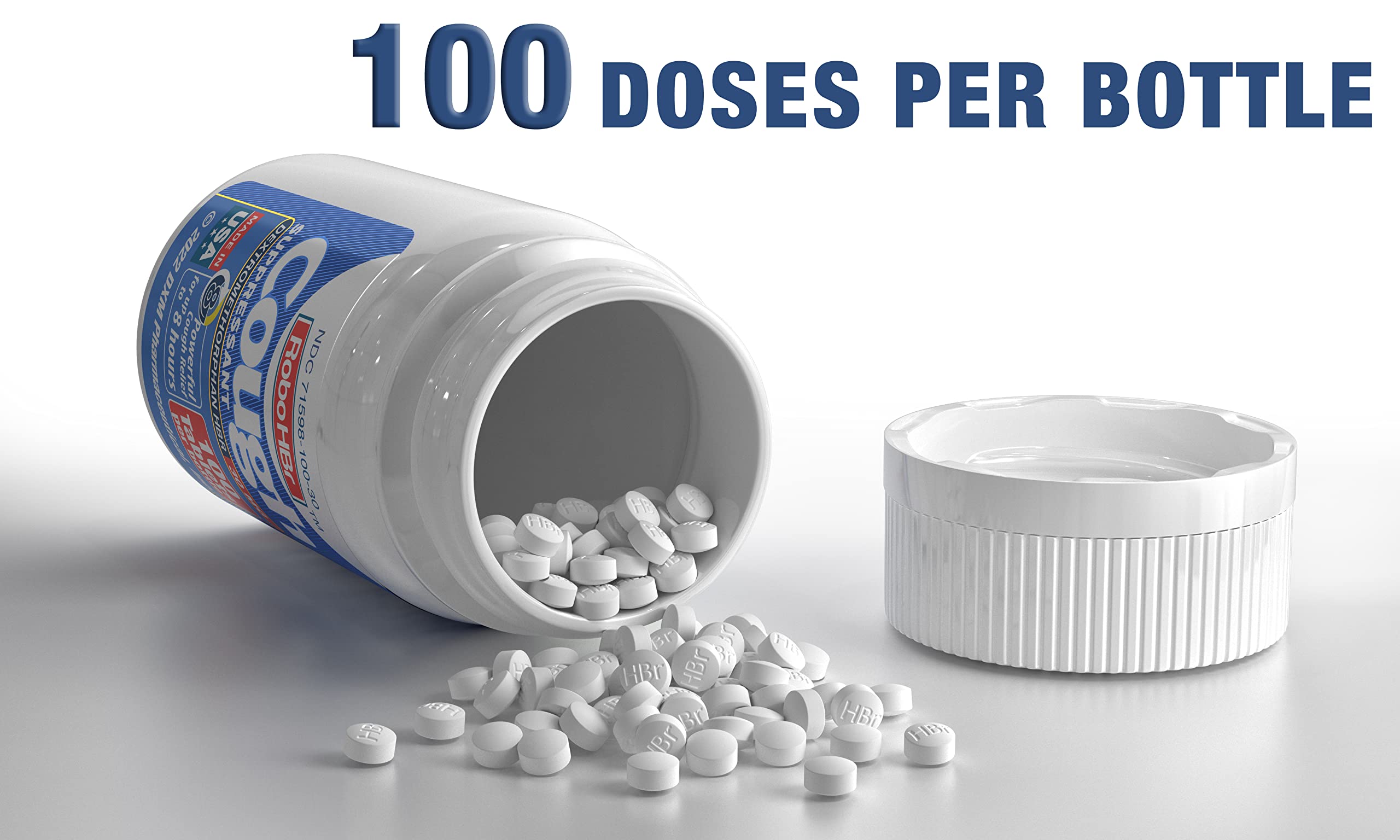 RoboHBr Cough suppressant, Dextromethorphan HBr 30 mg, 100 Tablets, 100 Doses