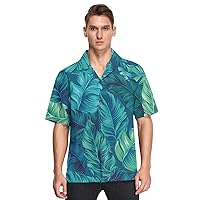 Hawaiian Mens Cotton Short Sleeve Button Down Shirts Turquoise Green Tropical Plant Leaves Graphic Casual Camisas de