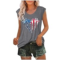 Patriotic Cap Sleeve T-Shirts Women Funny Love Heart Print American Flag Tee Tops July 4th Independence Day Blouses