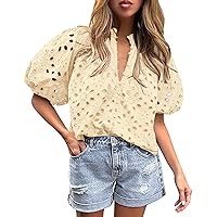PRETTYGARDEN Women's Summer Tops Dressy Casual Short Lantern Sleeve V Neck Buttons Hollow Out Lace Embroidered Blouses Shirts