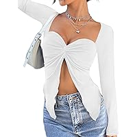 Remidoo Women's Split Front Long Sleeve Crop Tops Sweetheart Neck T Shirt Tops