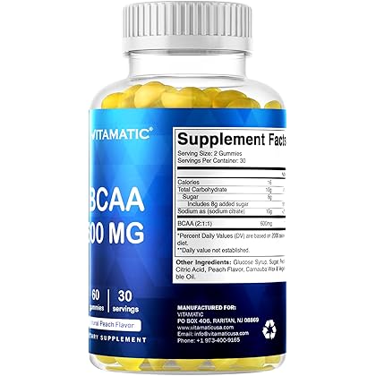 Vitamatic BCAA Gummies - Branch Chain Amino Acid Supplements - Peach Flavor - 600mg per Serving - 60 Vegan Pectin Based Gummies