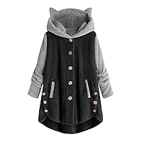 SNKSDGM Women Fall Fuzzy Fleece Jacket Hooded Button Mid-Long Wool Faux Fur Loose Trench Coats Outerwear with Pockets