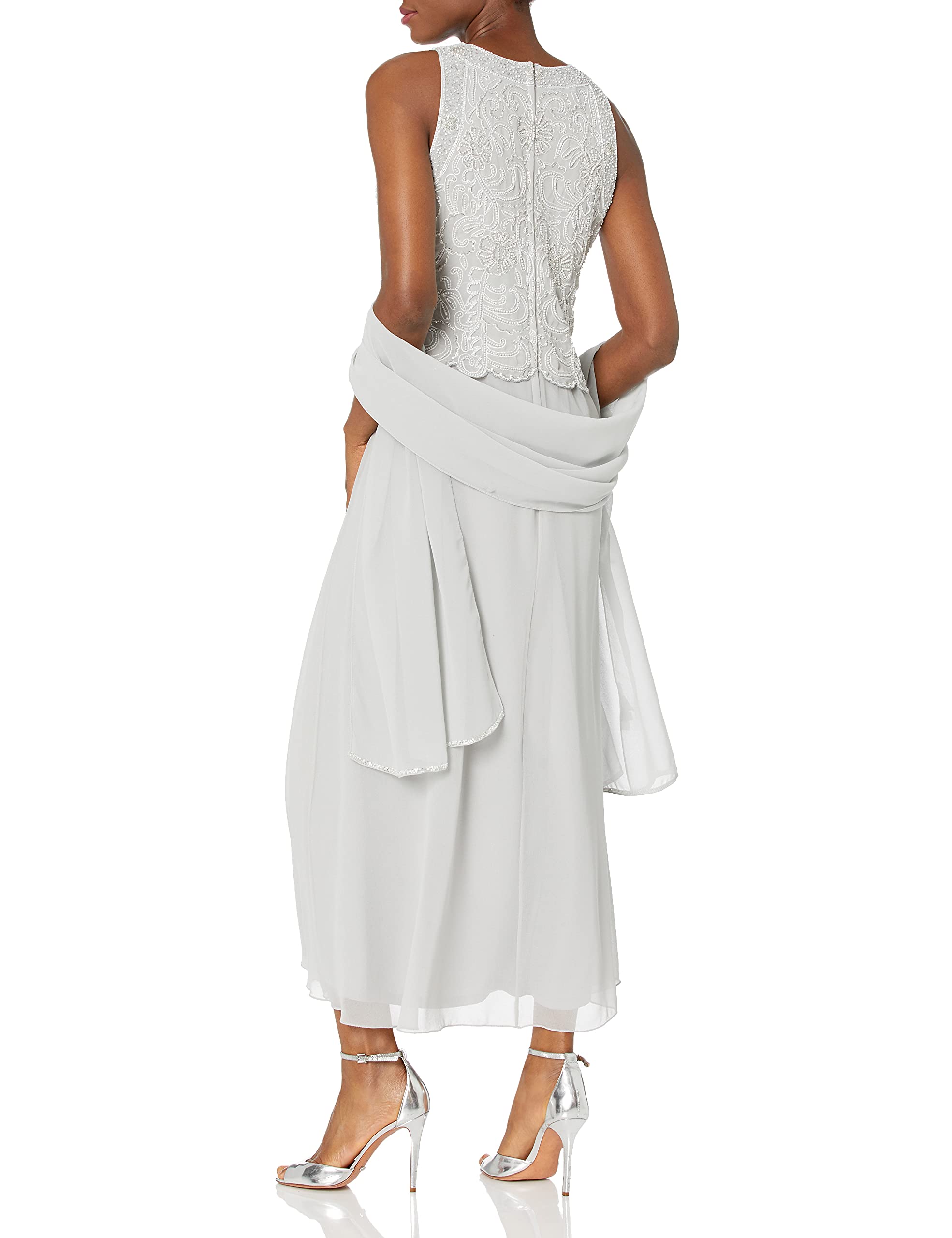 J Kara Women's Sleeveless Scallop Long Beaded Dress W/Scarf Petite