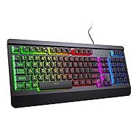 Large Print Rainbow Backlit Gaming Keyboard, Wired USB Light Up Computer Keyboard with Big Letters Keys,12 Multimedia Keys, Wrist Rest, All-Metal Panel,Full Size Keyboard, for PC,Laptop