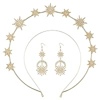 SWEETV Gold Halo Crowns for Women Star Tiara and Dangle Earrings Set Wedding Headband Goddess Headpiece for Cosplay Halloween Costume Photoshoot