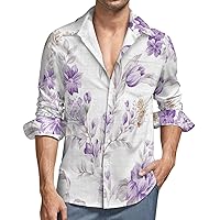 Lavender Purple Floral Print Men's Loose Fit Long Sleeve Shirt Button-Up Casual Shirts