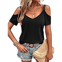 Womens Summer Cold Shoulder Tops Low Back Short Sleeve V Neck T Shirts Sexy Casual