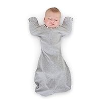 SwaddleDesigns Transitional Swaddle Sack with Arms Up Half-Length Sleeves and Mitten Cuffs, Heathered Gray with Stripe Trim, Medium, 3-6 Mo, 14-21 Lbs (Better Sleep, Easy Swaddle Transition)