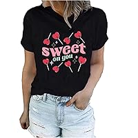 Sweet On You T Shirt Women Valentine's Day Short Sleeve Shirts Cute Love Heart Lollipop Graphic Tees Casual Tops