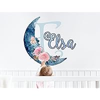 Aesthetic Room Decor - Customizable Moon and Flowers Name Wall Decal, Perfect for Baby Girl Bedroom Decor - Pink Stickers for Wall Art and Bedroom Decorations