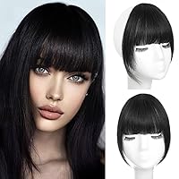 WECAN Clip in Bangs 100% Human Hair Extensions Hair Clip Natural Black Fringe with Temples Wigs for Women Curved Bangs for Daily Wear (French Bangs, Natural Black)