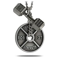 Shields of Strength Men's Fitness Gym Weight Plate and Dumbbell Pendant Combo Necklace Inscribed with Romans 8:37 and Luke 1:37 Bible Verses for Weightlifters and Athletes - Christian Gifts