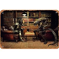 Alien Vs Predator Play Chess Fun Poster Vintage Tin Sign Retro Metal Sign for Cafe Bar Office Home Wall Decor Gift 12 X 8 inch