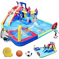 Inflatable Bounce House, 10 In1 Bounce House with Slide, Inflatable Water Slide with Splashing Pool & Basketball & Climbing Wall & Dual Pools & Soccer Multi-Color