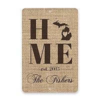 Personalized Burlap Michigan Home with Family Name Metal Room Sign