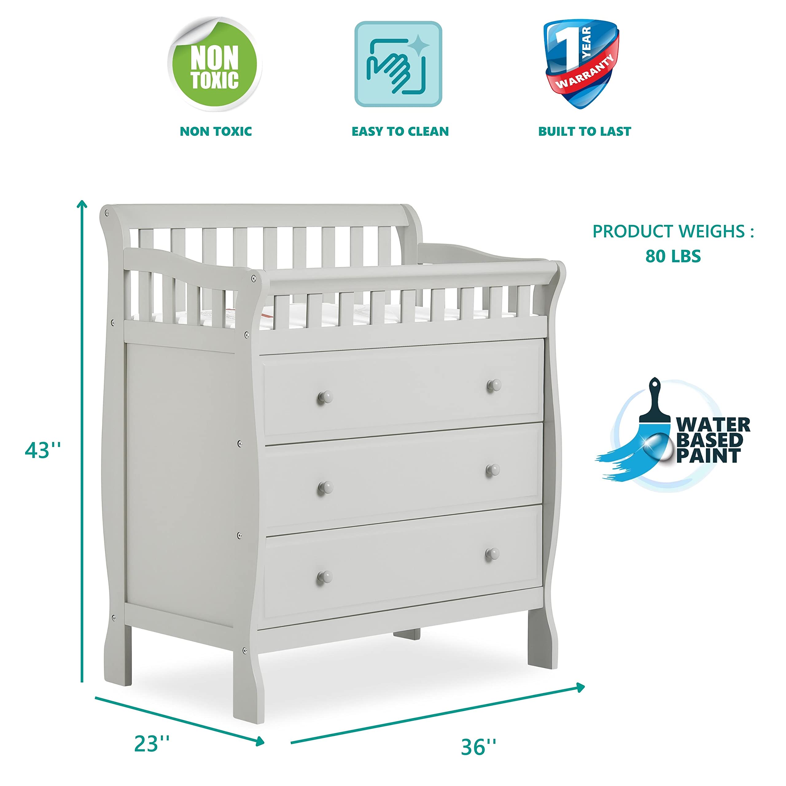Dream On Me Marcus Changing Table And Dresser In Grey, Features Three Spacious Drawers, Non-Toxic Finishes, Comes With 1