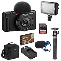 Sony Sony ZV-1F Vlog Camera for Content Creators and Vloggers, Black Bundle with LED Light, Tripod, Extra Battery & Charger w/Screen, SD Card, Shotgun Microphone, Shoulder Bag