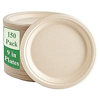Vplus 150 Pack Paper Plates 9 inch 100% Compostable Plates Heavy-Duty Disposable Paper Plates Bagasse Natural Biodegradable Eco-Friendly Sugarcane Plates